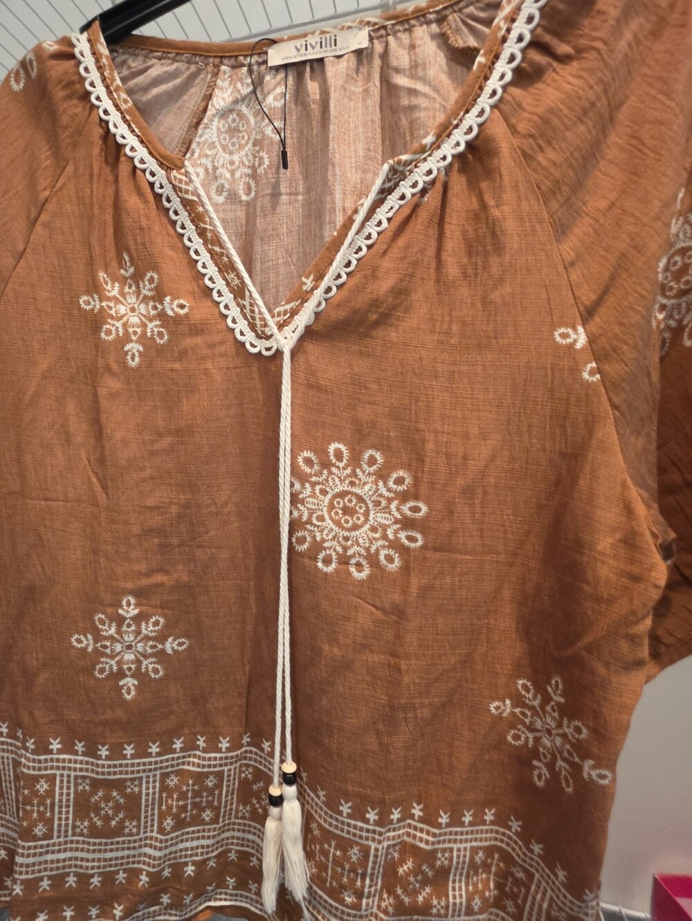 ViVI Rust Orange Embroidered Tassel Tunic